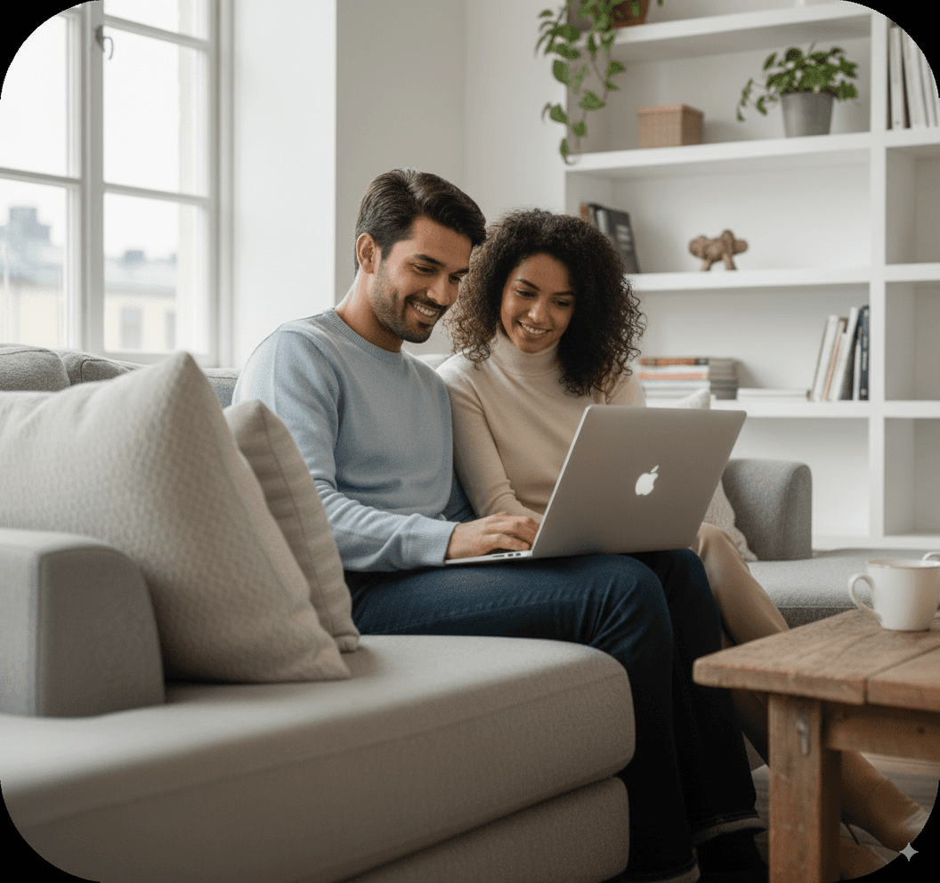 A couple relaxing on the sofa in their living room, with one focused on typing on a laptop